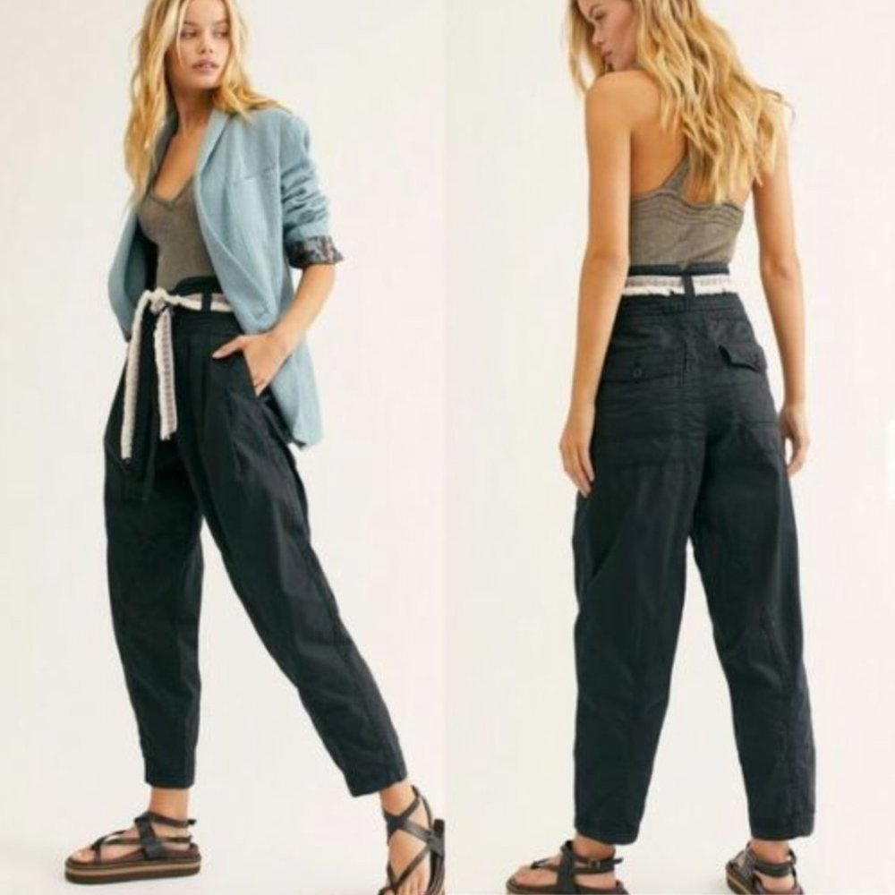 Free People Black Isadora Cinch Pants Boho High Rise Tapered Legs Tie Waist, 0